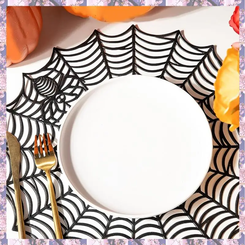 2025 Trend 12Pcs 15Inch Halloween Spider Web Placemats 3.94Inch Cup Mat Halloween Placemats Spider Web Table Mats