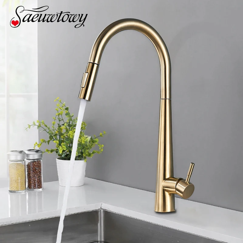 Thickened Brass Brushed Nickel Golden Kitchen Faucet  Pull Out Spray Kitchen Tap 360° Rotatble Hot Cold Sink Mixer Crane