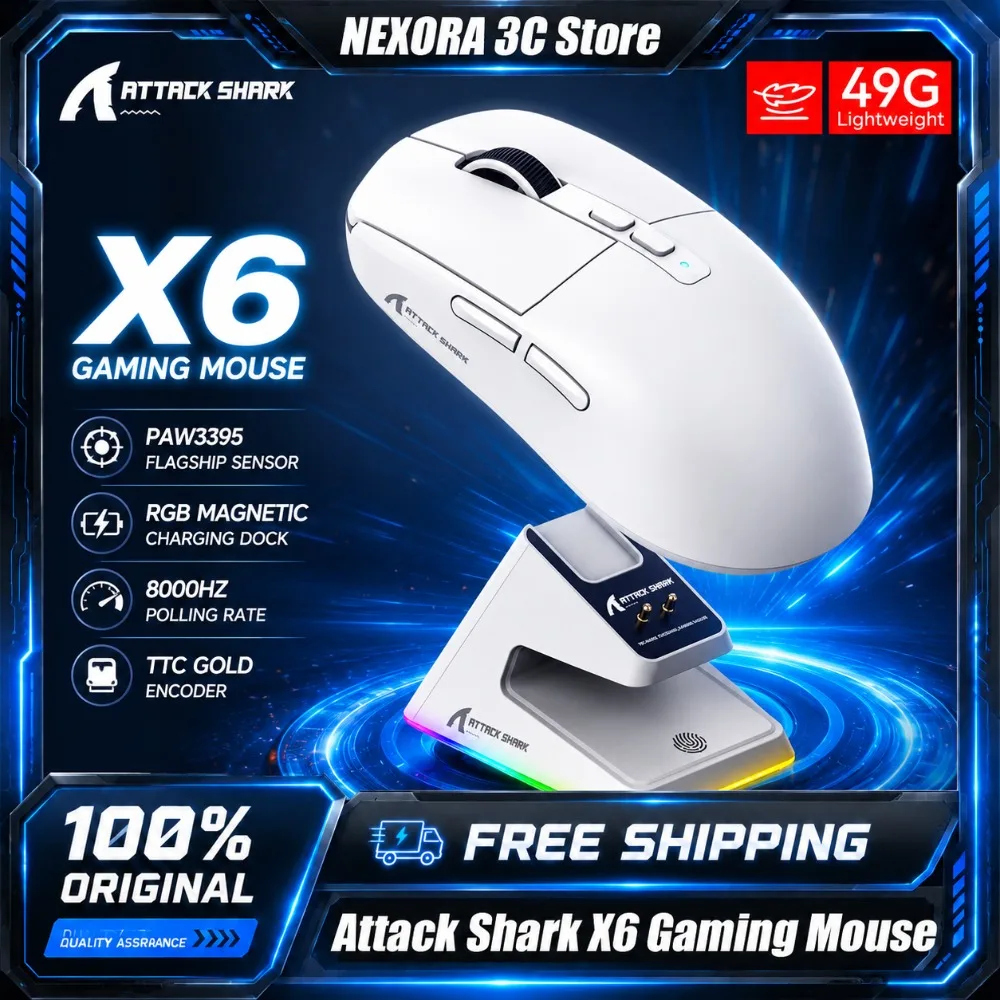 Attack Shark X6 Wireless Ergonomic Gaming Mouse  2.4G/Bluetooth High Precision Adjustable DPI Rechargeable Mice Gifts