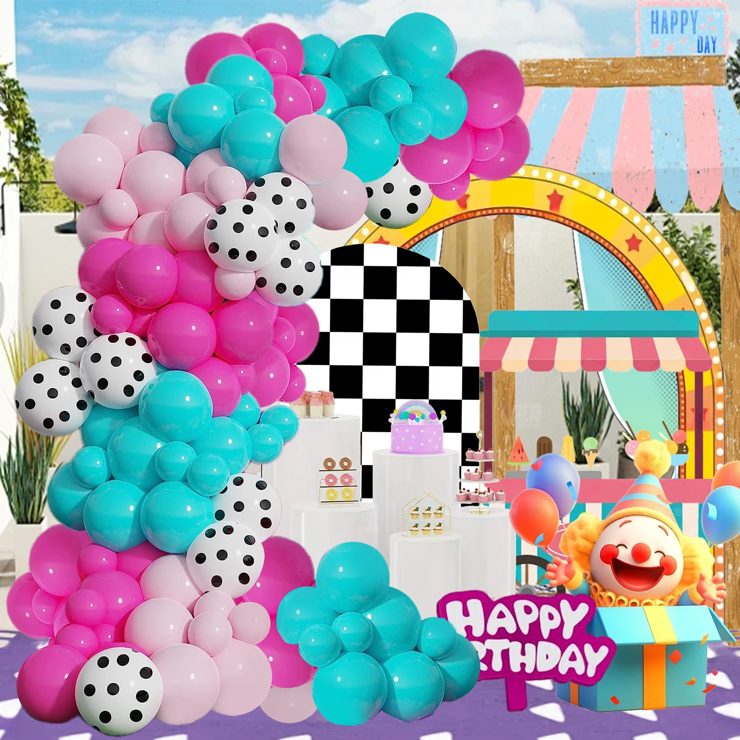 112Pcs Surprise Theme Party Balloon Set Rose Red, Navy Blue, and White Polka Dot Balloon Chain Set Suitable for Surprise Birthday Party Decoration, Surprise Party, Indoor Decoration