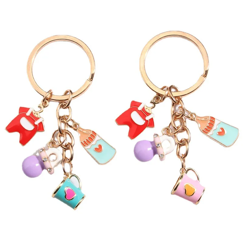 Cute cartoon girl DIY drip oil keychain suspenders clothes baby bottle baby pacifier couple cup key chain