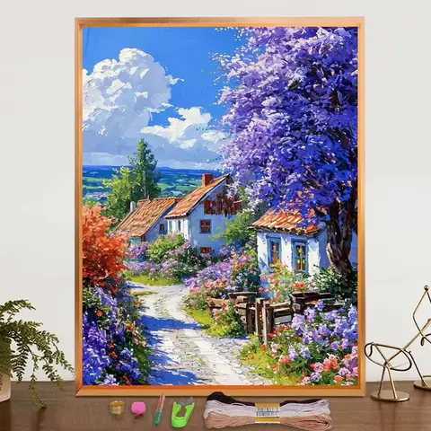 Embroidery Needlework Set DMC Threads Cross Stitch 11CT Picture Village Landscape Printed Canvas For Living Room Home Decoration