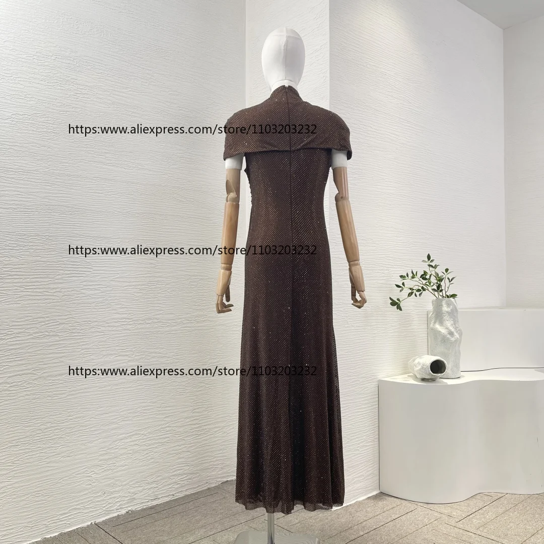 

2025 New Beautiful Brown Diamonds Cystals Short Sleeve Midi Heavy Womens Dresses