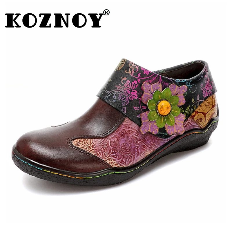 Koznoy Women\'s Genuine Leather Shoes 4cm New Print Ethnic Summer Handmade Hook Flower Big Size Ladies Fashion Mixed Color Flats