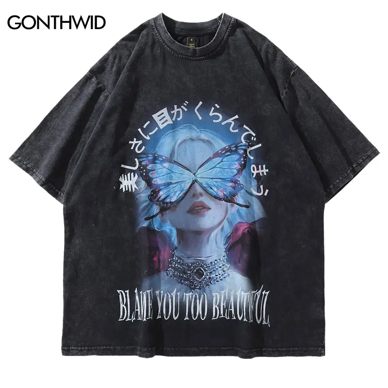 

Oversize Men Tshirt Hip Hop Japanese Girl Butterfly Print Distressed Punk Gothic Tee Shirt Streetwear 2022 Summer Casual T-Shirt