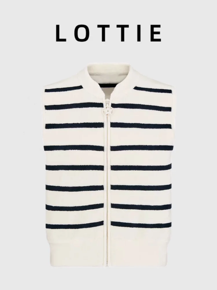 

Вязаный жилет Lottie класса люкс, темно-синий, с молнией, в полоску, с буквенным принтом, осенне-зимняя новинка, повседневная одежда с узором «звезды»...