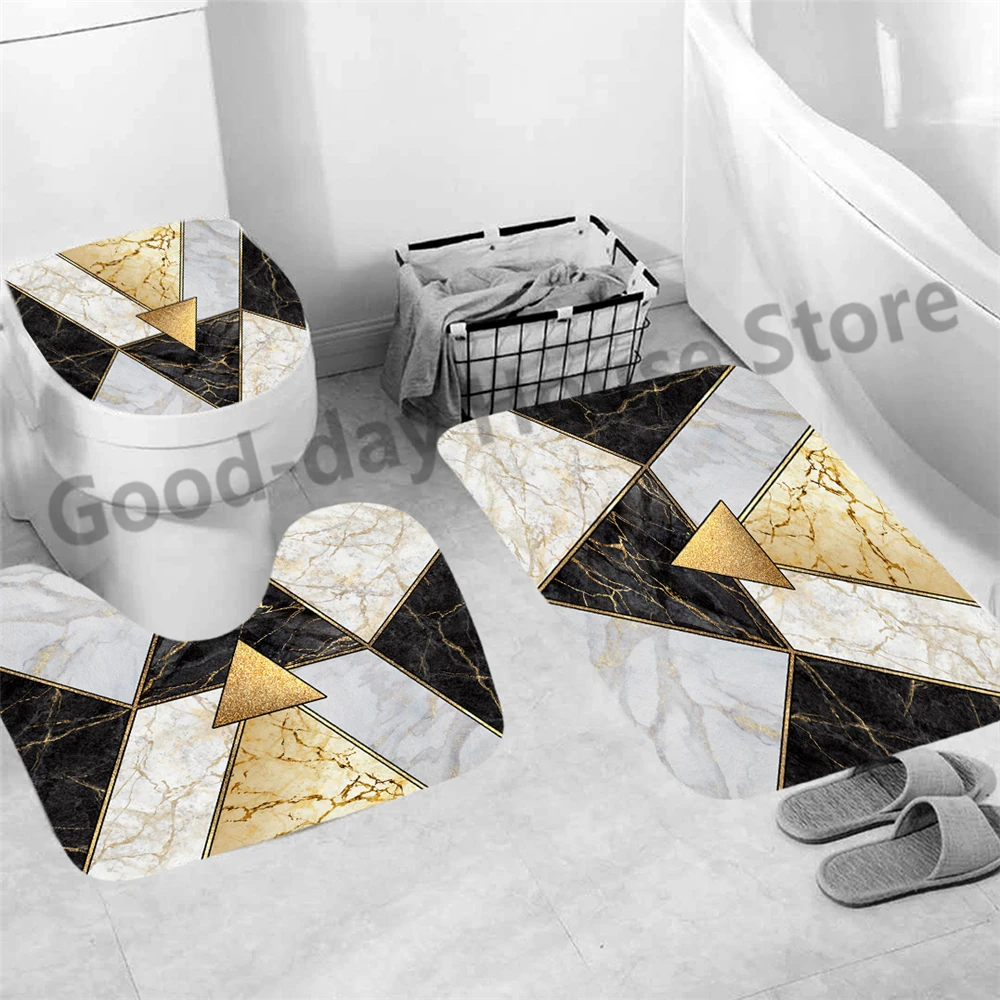 3pcs Luxury Black Gold Shower Bathroom Mat Carpet Non Slip Mug Modern Marble Toilet Seat Lip Cover Bath Home Decor Accessories