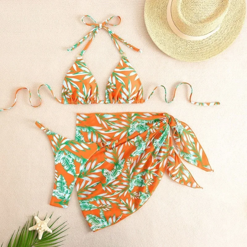 Mode Druck Bikini Set Bademode Frauen 3 Stück Sexy Halter Dreieck Bikini Push-Up Bandage Cover Up 2025 Neue Split Badeanzug