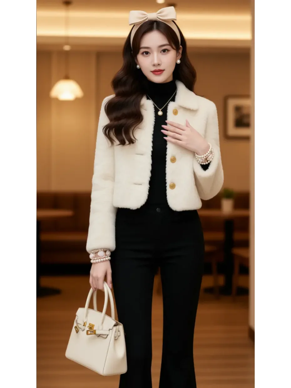

Korean Sle Soft ort Women's Jaet Autumn Winter New Arrival Fluffy Nouriing Apricot Color Open Cardigan Top for Ladies