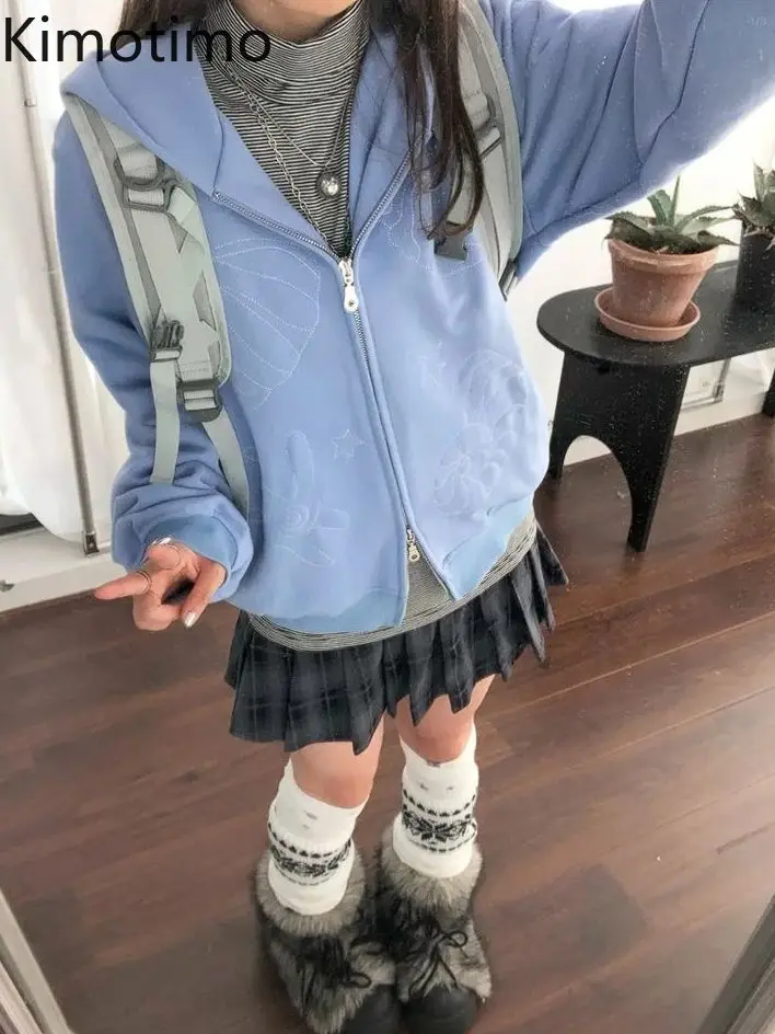 

Kimotimo Preppy Style Embroidery Hoodie Women Spring New Casual Zipper Jacket Coats Korean Sweet Loose Y2k Aesthetic Sweatshirts