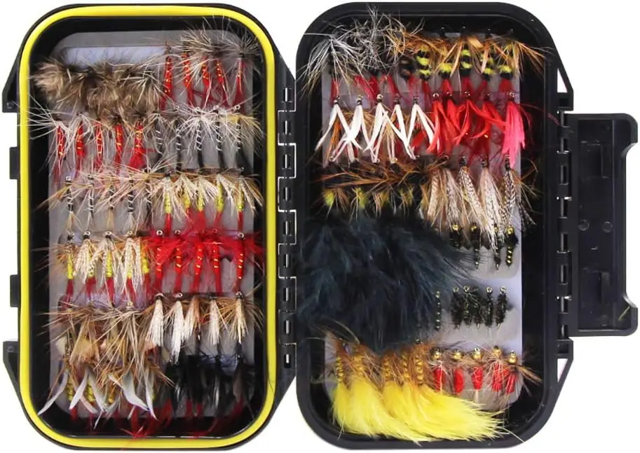 120pcs Dry Flies Wet Flies Fly Box Mixed Design Fishing Lures Floating/Sinking Combo with Waterproof Fly Box