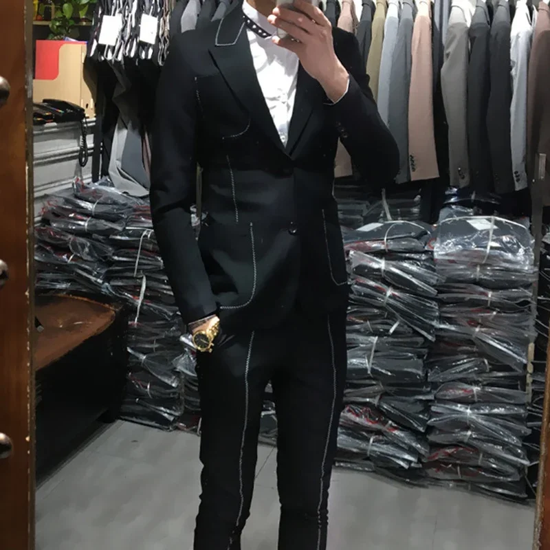 Trajes De Hombre British Style Slim Suit Two-piece Suit Nightclub Rivet Coat Smoking Homme Mariage Fashion Korea Suit Male