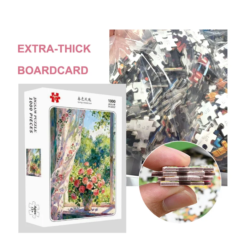 1000ピース-ベルベット表面ジグソーパズル、厚さ22mmのスプリングローズ柄、難しい難易度の高いインターロッキングフィットパズル