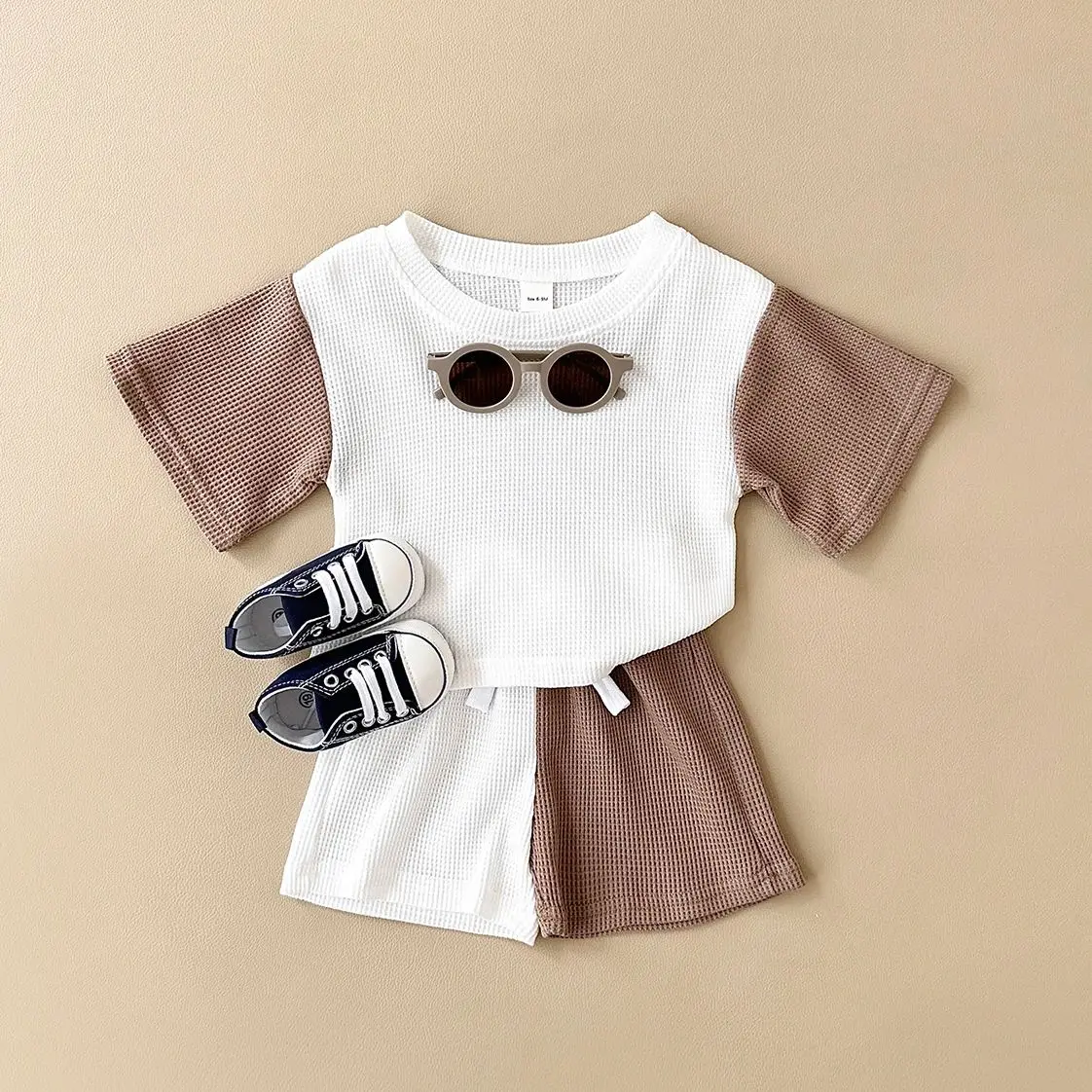 Newborn Baby Girl Clothes Boys Sets Waffle Top Casual Short T-shirt+Shorts Sports Sets Splicing Colors Summer Baby Clothes