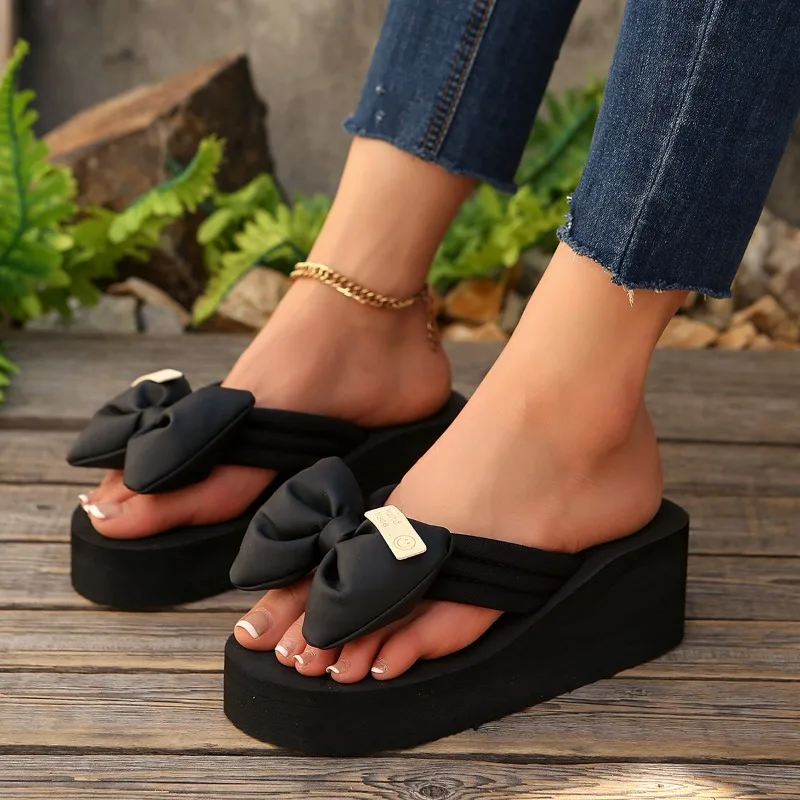 Summer 2026 Large Size Women's Slippers Fashionable Butterfly Knot Slope Heel Sandals EVA Material Comfortable Summer Shoes