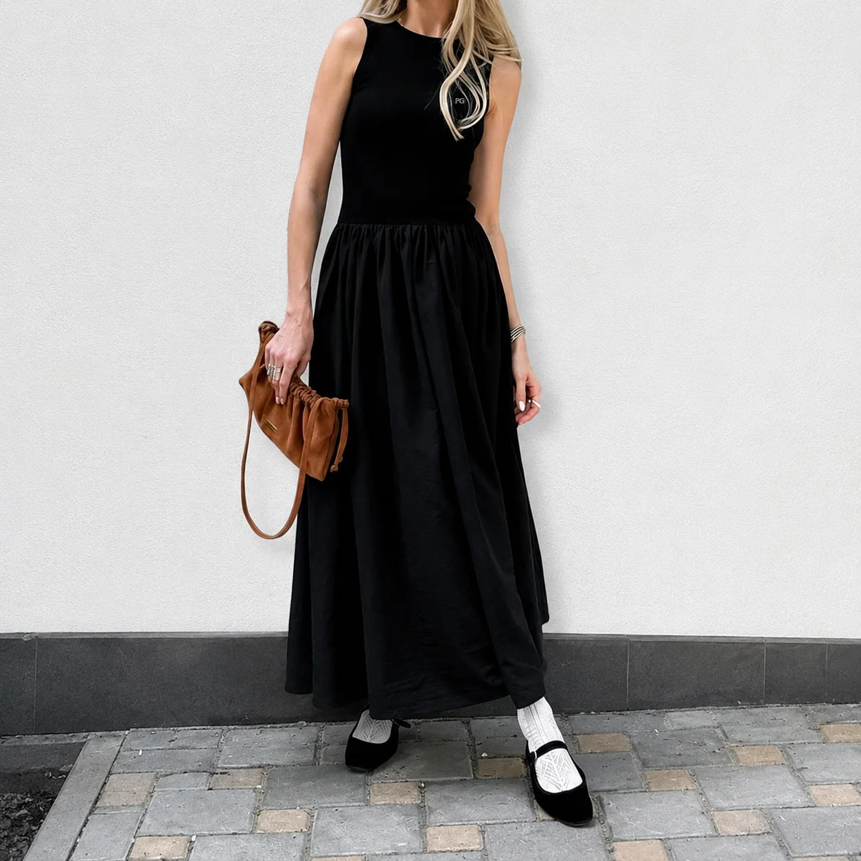 PG Damen schwarzes ärmelloses Midikleid mit geraffter Taille, fließendes A-Linien-Kleid, langes Freizeitkleid für den Alltag. – Detail 5