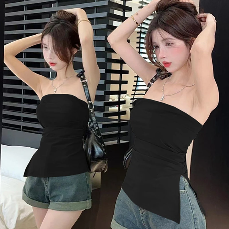 Strapless Bandeau Tube Top Casual Side Slit Hem Asymmetrical Sleeveless Vest Sexy Bandeau Top Summer