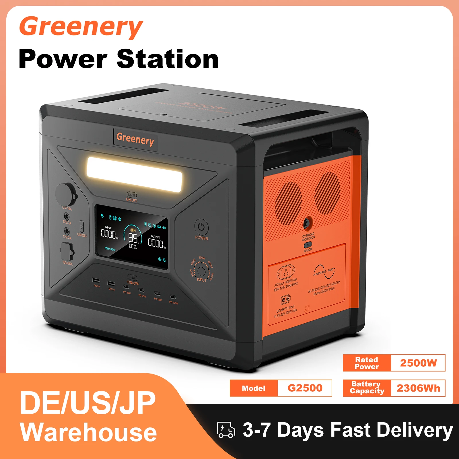 

Greenery Portable Energy Station G2500 BMS Protection Power Bank 2500W 2304Wh External Lifepo4 Battery Camping Field Equipment