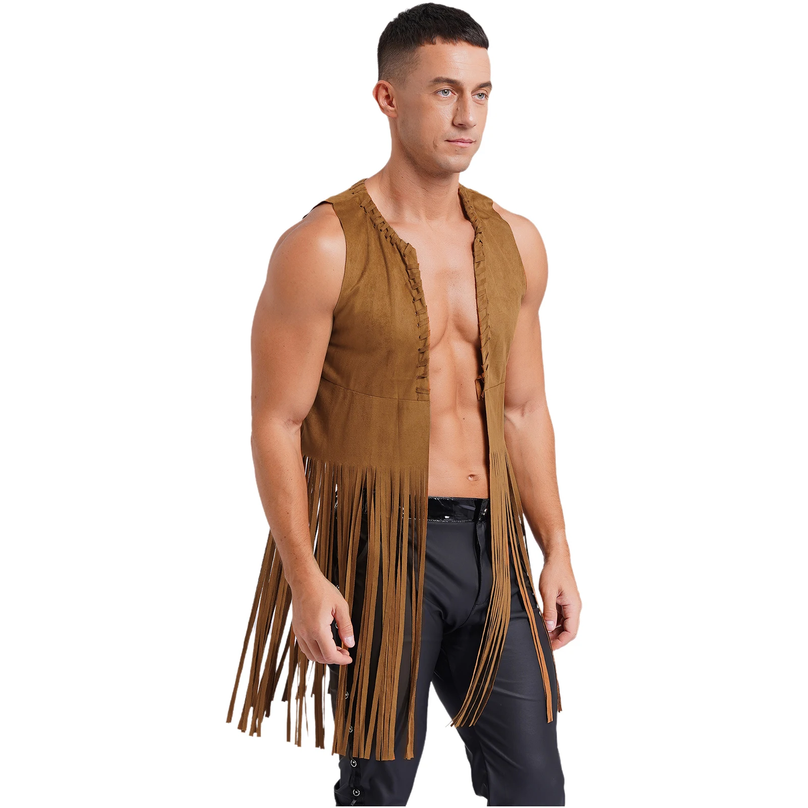 Mens Faux Suede Tassel Vest Rave Party Rivets Fringe Waistcoat Open Front Sleeveless Jacket Western Cowboy Cardigan Clubwear