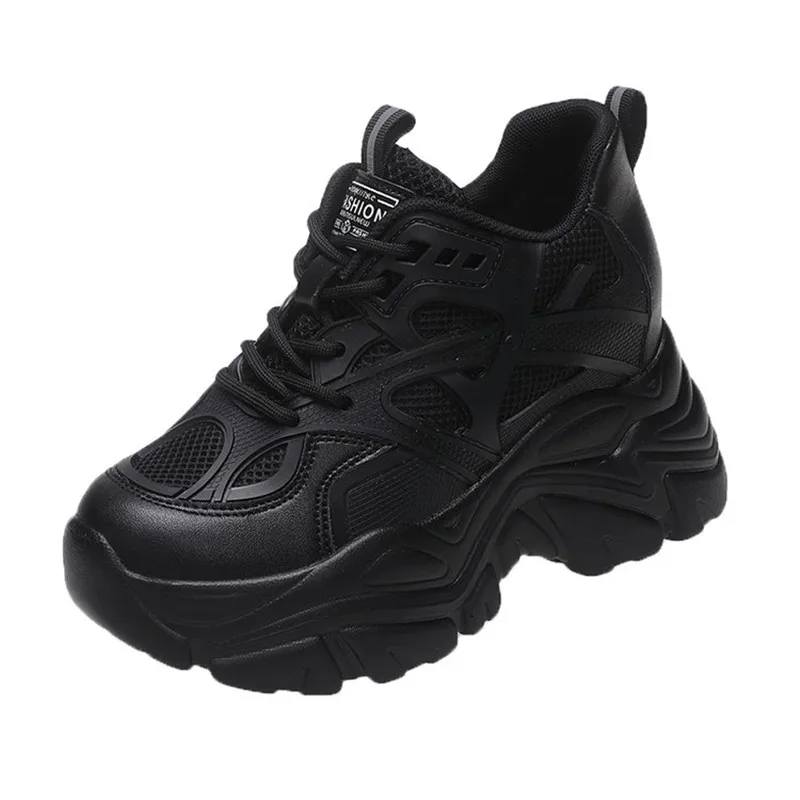 

8.5CM Spring Autumn Breathable Mesh Leather Sneakers Hidden Increasing Sport Shoes Woman Wedge Casual Chunky High Platform Shoes