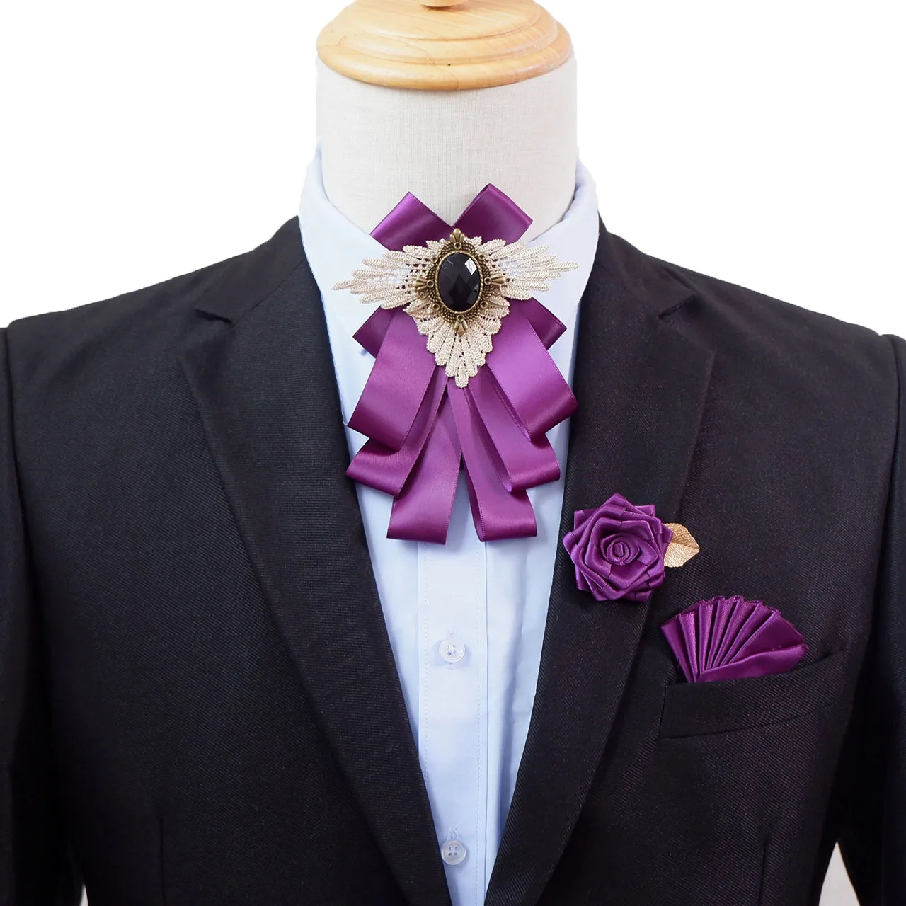 Men\'s Bow Tie Brooch Set British Korean Business Banquet Dress Suit Shirt Collar Flowers Men Wedding Bow-tie Brooches 3 Pcs Sets