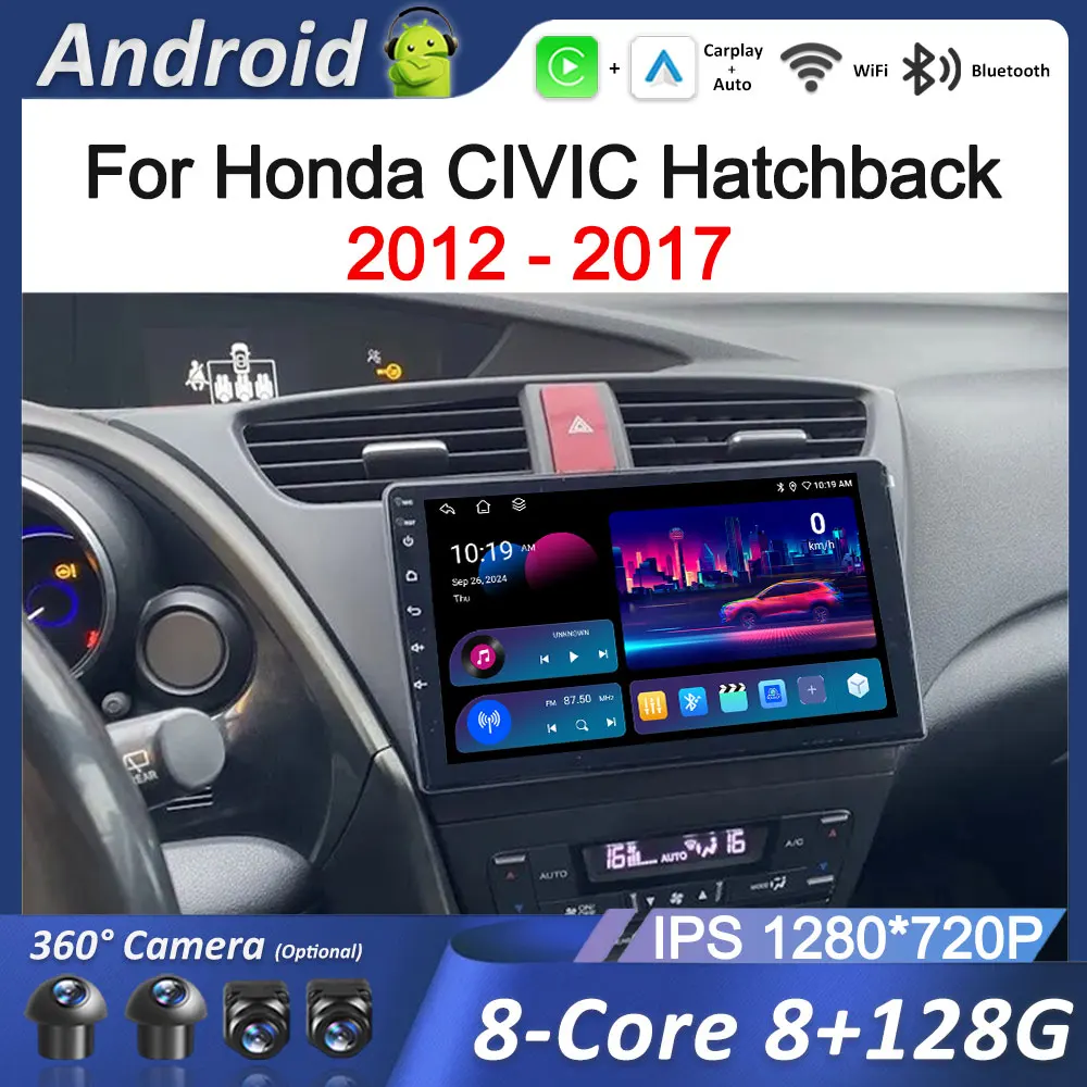 الملاحة GPS أندرويد 14 لهوندا سيفيك هاتشباك 2012 - 2017 راديو السيارة مشغل وسائط متعددة HD شاشة BT 4G DSP ستيريو واي فاي