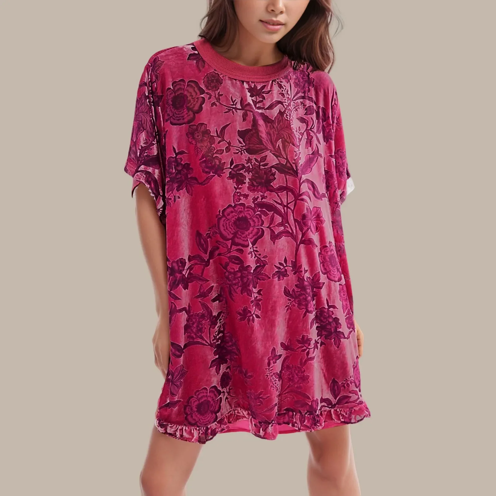 

Women's Vintage Velvet Dress Round Neck Short Sleeve Floral Printed Mini Flowy Dress Sundress Casual Solid Beach Vestidos