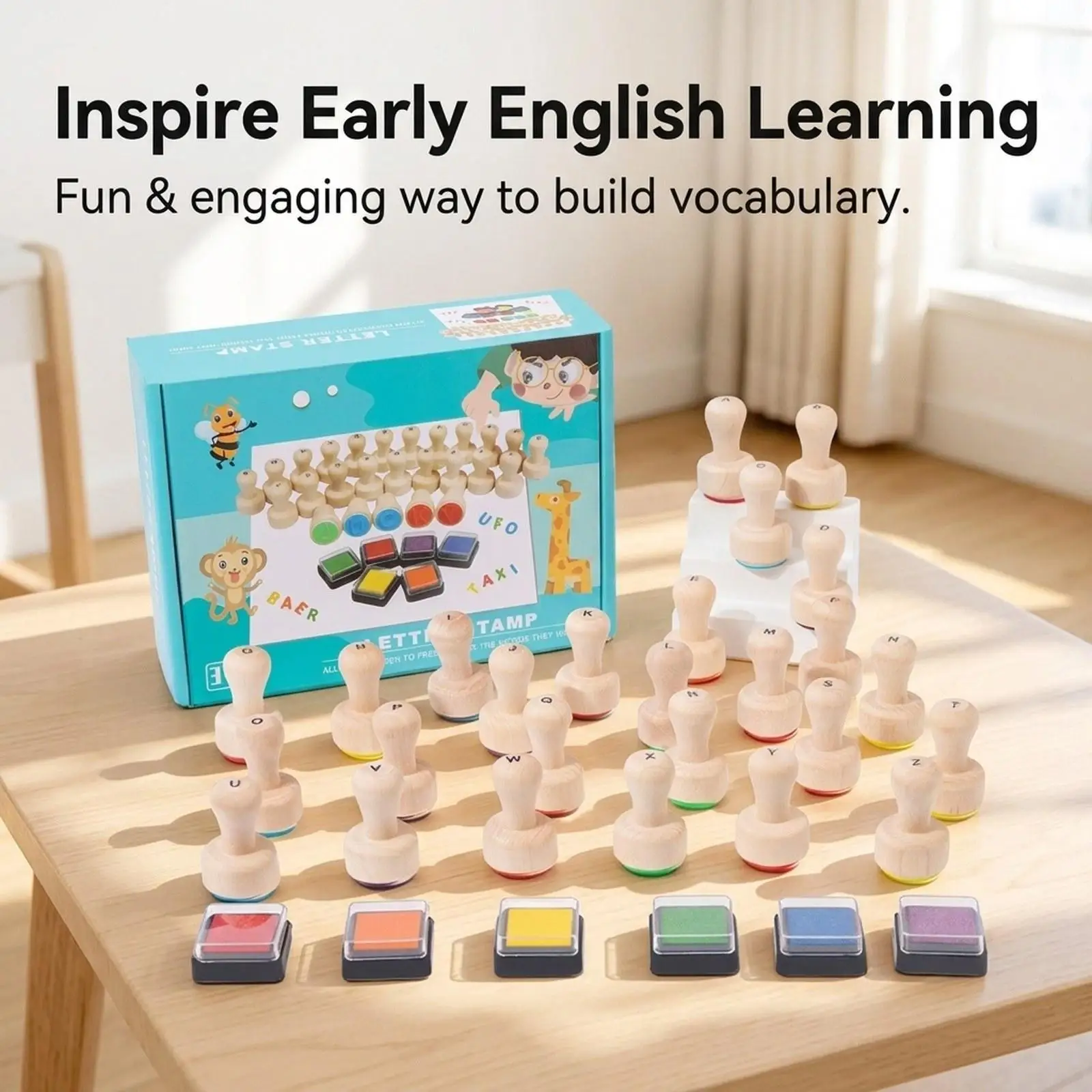 26Pcs Kids Wooden Alphabet Stamps Practical Gift Homeschool with Ink Pads Children Fun Easy to Use Letter Stamp Set Learning Toy