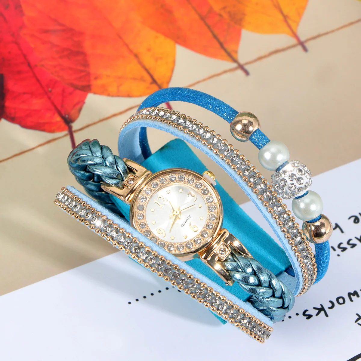 

Rhinestone Women Watch Braided Wrist Chain Quartz Movement Precise Timekeeping Women Watch Wrist Chain