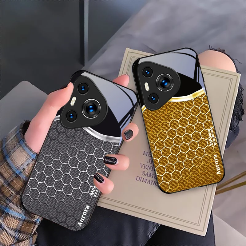 Favo de mel gradiente para honor x5 b plus 6 8 4g 9 x9c smart 30 max magic 4 5 pro 7 lite 50 70 30 90 200 capa de telefone de vidro preto