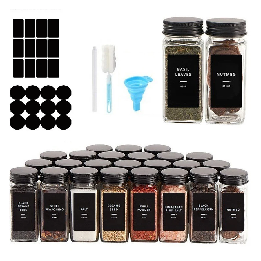 

24 Pcs Spice Jars with Label Glass Spice Jars with Black Metal Caps Shaker Lids Funnel 4oz Seasoning Containers Bottles