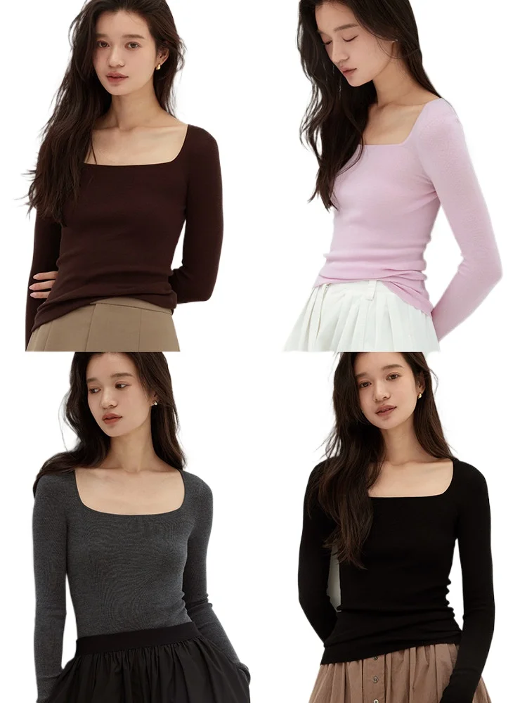 

Island essence 18-pin seamless one-piece super160s gold wool French square neck sweater knitted top women