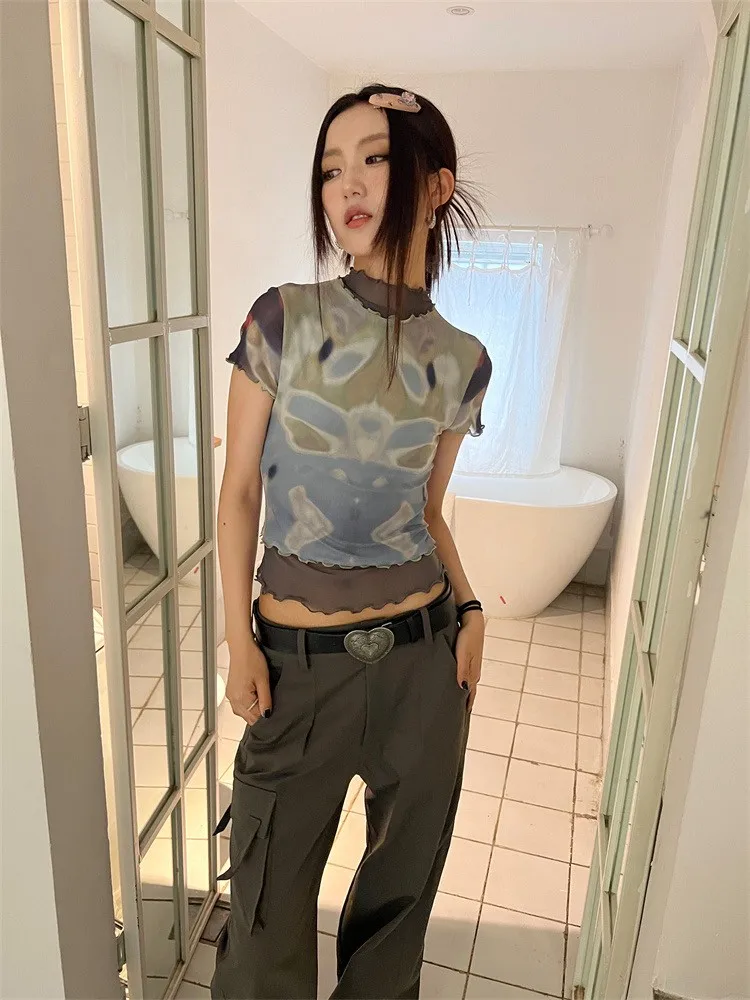 Genayooa Kawaii T Shirt Women Patchwork Mesh Tops Y2k Crop Tops Streetwear Retro Tee Tops Tie Dye Tshirts Japanese Grunge Tops