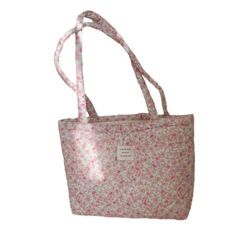 Spacious Cotton Floral Shopper Bag Puffer Quilted Handbag Women's Hand Carry