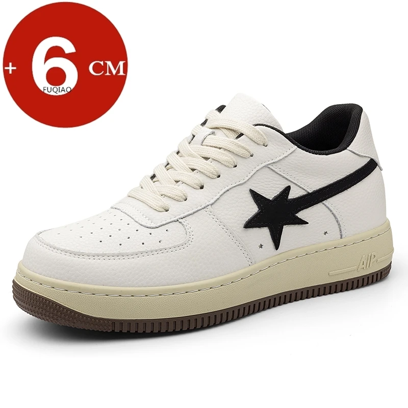 

6CM Height Increase Sneakers Cow Leather Unisex Casual Shoes Fashion Elevator Shoes for Men & Women Comfortable Sporty Footwear