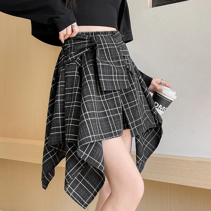 2025Y2K Onregelmatige Hoge Taille Geruite Rokken voor Vrouwen Herfst Nieuwe Harajuku Straat Mini Rok Vrouw Chic Lace-Up korte Shirts Mujer