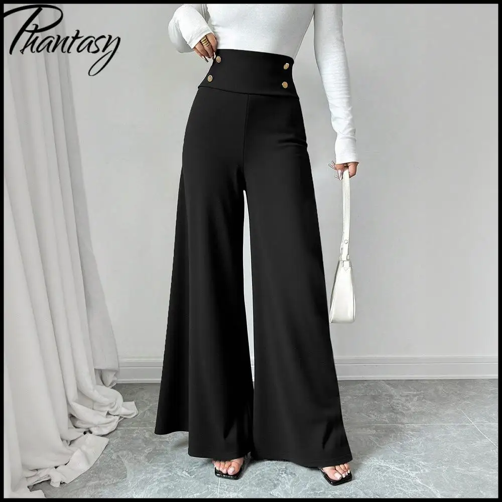 

Black High-Waisted Button-Front Wide-Leg Women's Pants Casual Commute Slim Floor-Length Straight Leg Pants Summer Ladies' Outfit