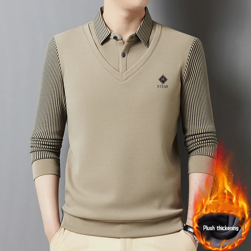

Advanced luxury shirt collar plush thick sweater men's autumn fashion brand embroidery fake two-piece set long sleeved T-shirt