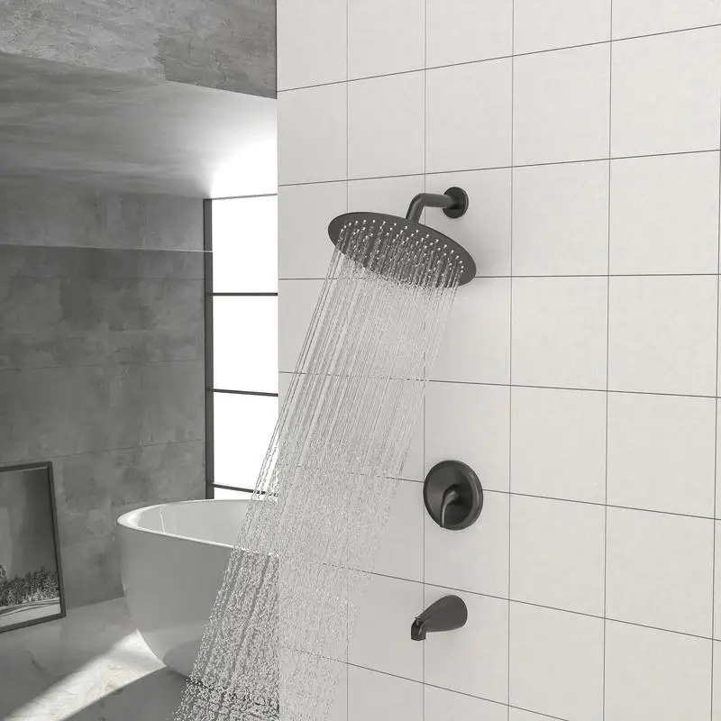 

10" Round Rain Showerhead System with Waterfall Tub Spout, Matte Black, Wall Mounted Shower Fixture