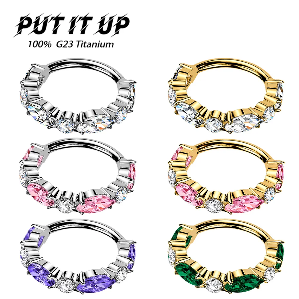 PUTITUP ASTM F136 G23 Titanium Marquise CZ Clicker Hoop Septum Nose Helix Cartilage Piercing Ring Multicolor Zircon Body Jewelry