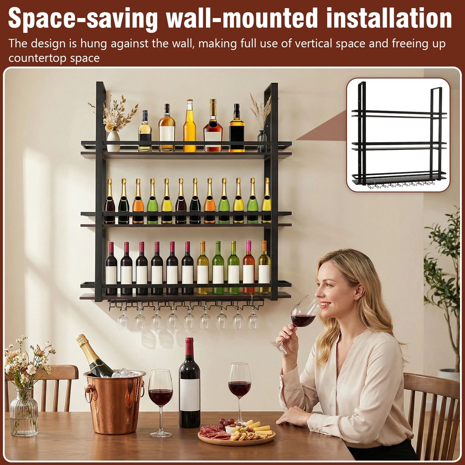 

3 Tier Wall Mounted Wine Rack Metal Hanging Wine Storage Rack Display with Glass Holder for Home Kitchen Dining Room Coffee Shop