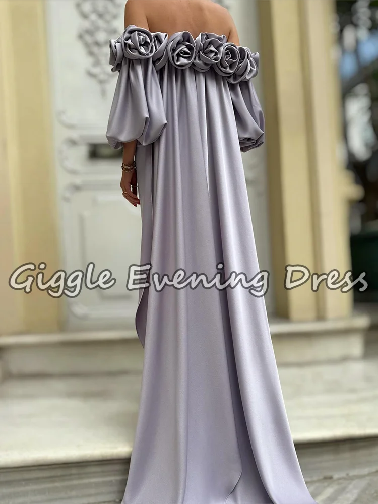 Luxuoso vestido de noite fora do ombro 2026 3d flores lantejoulas contas cetim até o chão dubai baile de formatura vestido formal personalizado