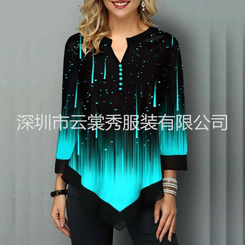 T shirt women 2026 fashion 3D positioning printed street trendsetter V-neck irregular hem loose T-shirt tshirt women's clothing