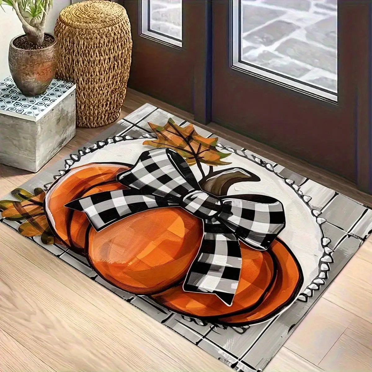 1pc Flannel Door Mat- Autumn Pumpkin, Autumn Leaves And Plaid Butterfly Design, Orange, Black, White- Entrance Mat, Suitable For Front Door, Living Room, Kitchen, Balcony- Thanksgiving, Christmas, Halloween Decorationroom Decor
