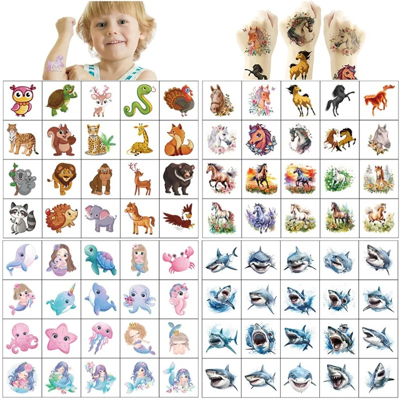 20Pcs/set Animal Mermaid Temporary Tattoo Stickers Cartoon Horse Shark Children Waterproof Tattoo For Kids Funny Birthday Gift