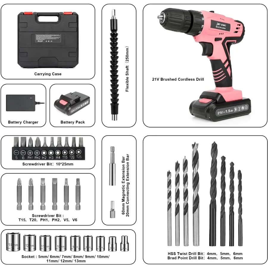 21V Pink Cordless Drill Set Designed for Home DIY and Repair Projects Features 350 inlb High Torque with Variable Speed Control