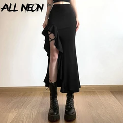 ALLNeon Gothic Black High Waist Bodycon Mid Skirt E-Girl Punk Ruffles Split A-Line Skirts Y2K Fashion Women Streetwear Bottoms