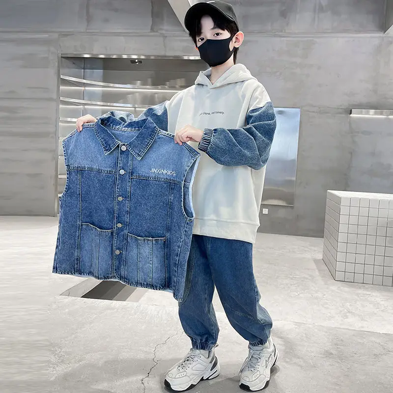 Boys' Sets Denim Vest Hooded Sweatshirt Jeans Three-piece Suits Children's Clothing Spring Autumn Fashion Korean Handsome Sets