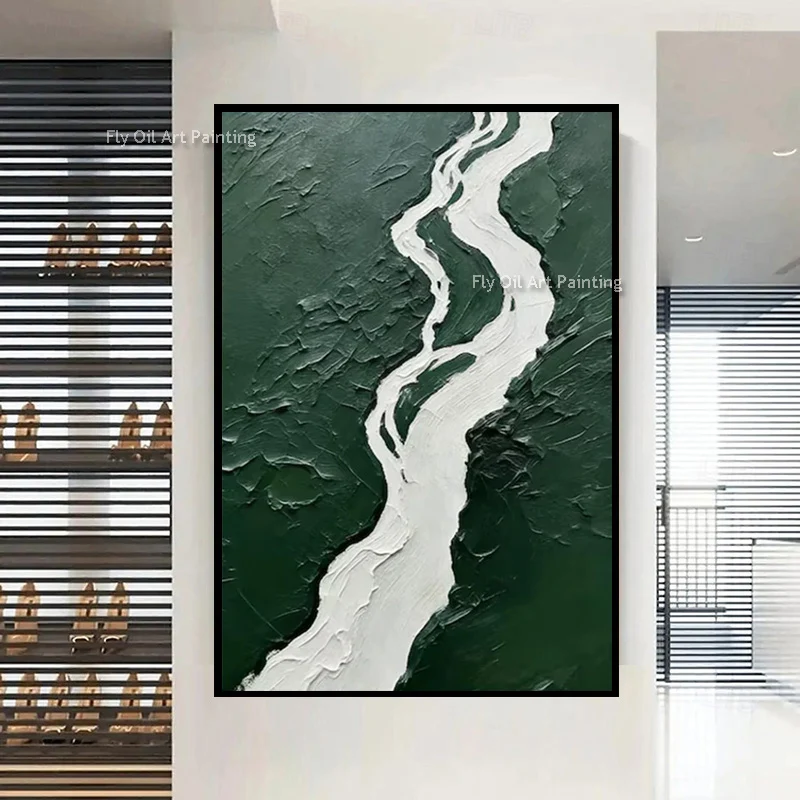 

New Green White Abstract River Landscape Canvas Thick Wall Art Decor For Home Handpainted Blue Beige Seaside Oil Painting As Gif