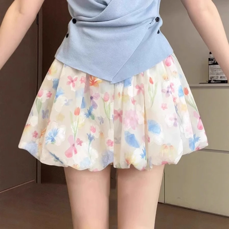 

2026 New Summer Thin Ice Silk High Waisted Slim Fit Colorful Floral Cute Bud Skirt for Women
